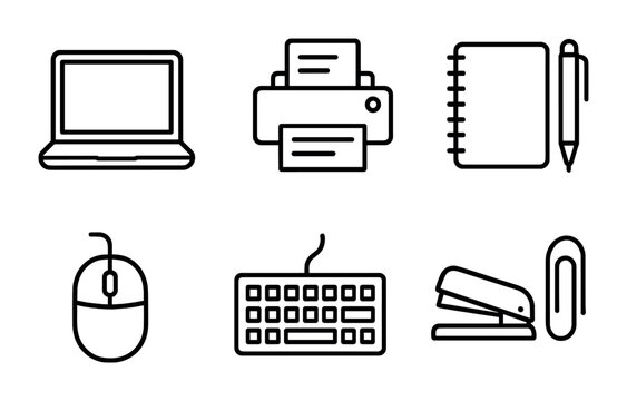 Office supplies icon set - outline style design for stationery and workplace essentials: laptop, printer, notebook, mouse, keyboard, stapler, paperclip