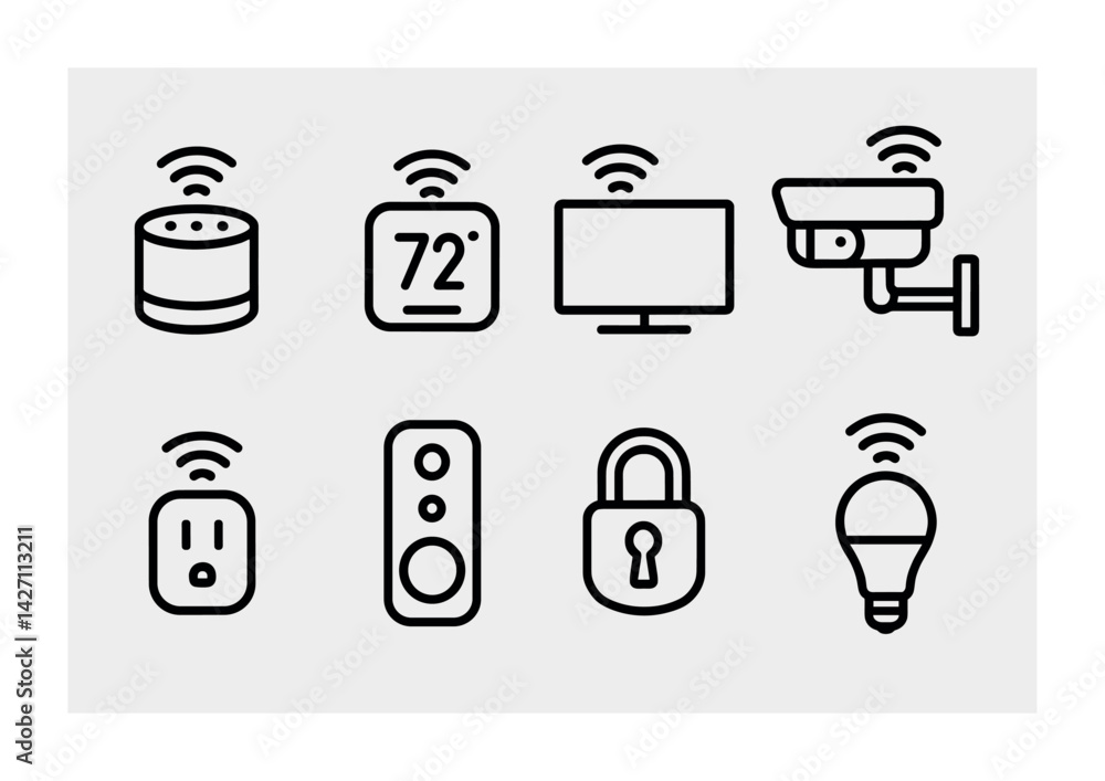 Poster smart home devices icon set – outline style technology and automation symbols for home security and 