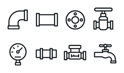 Plumbing equipment icon set – outline style water system and pipe fitting symbols for plumbing design, maintenance, repair: valve, gauge, faucet, elbow joint, flange