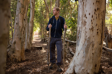 Obraz premium Man in his 30s gripping hiking poles and gazing into eucalyptus forest trail, with black backpack