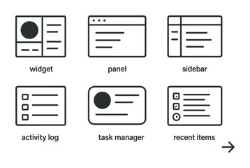 Dashboard interface outline icon set – streamlined flat style symbols for intuitive web design, ui elements, and app functionality: widget, panel, sidebar, activity log, task manager, recent items