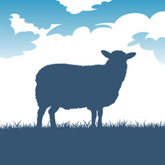 Silhouette of a sheep standing in a field with clouds