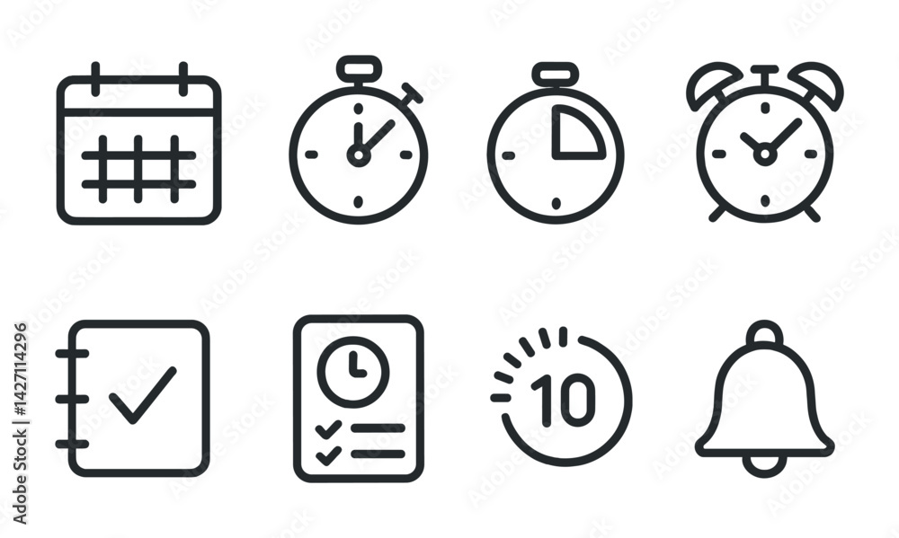 Poster scheduling and time management icon set – outline style punctuality and organization symbols for pla