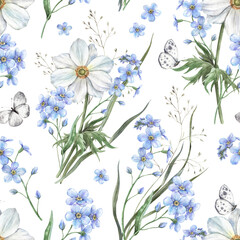 Blue forget-me-nots, white anemones, forest grass and butterflies. Botanical watercolor seamless pattern on a spring theme. For various holidays and wedding industry, floral packaging, cards, textiles