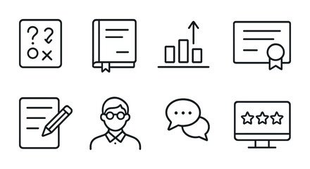 Education and learning outline icon set – modern style symbols for teaching, studying, and school: quiz, textbook, graph, diploma, essay, professor, chat, review