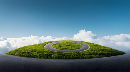 Circular Grassy Pathway Over Clouds
