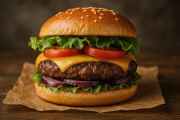 Juicy cheeseburger with fresh vegetables.