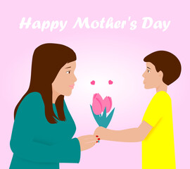Illustration for Mother's Day. Son gives his mother a bouquet of pink tulips