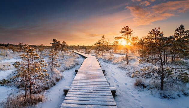 wooden path through marsh covered with snow beautiful winter evening and cold frosty winter sunset selective focus kakerdaja nature trail estonia