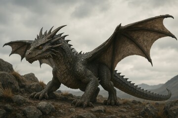 Fototapeta premium Majestic dragon in rocky landscape.
