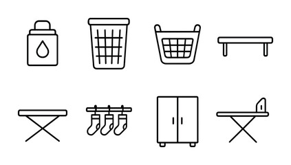 Laundry room linear icons set – outline style for household and chore organization: detergent bottle, laundry basket, drying rack, ironing board, clothes hanger, wardrobe, socks