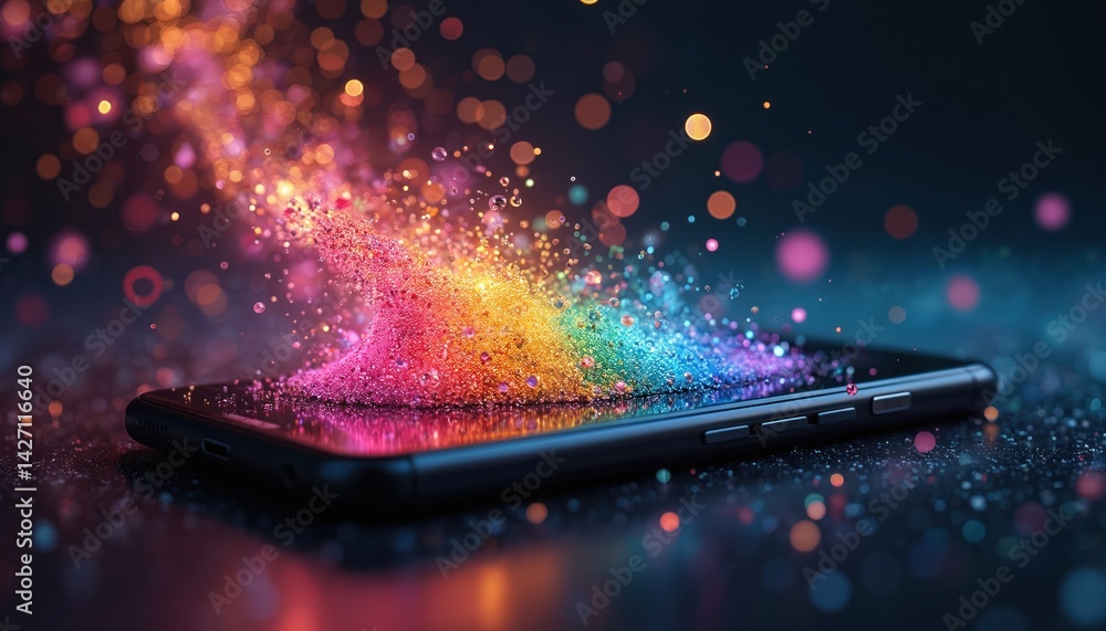 Poster Smartphone displaying colorful explosion. Black phone tech concept, vibrant digital abstract illustration. Innovation, creativity, social media connection. Modern communication, tech design.