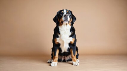 A happy St Bernard puppy standing with a brown and white coat and adorable expression.
