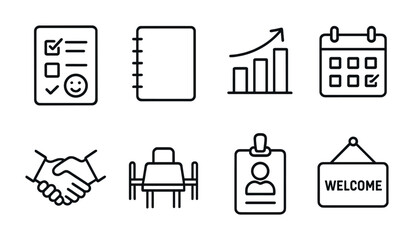 Business and office line icon set – linear style symbols for corporate and workplace design: checklist, notebook, graph, calendar, handshake, meeting table, id badge, welcome sign