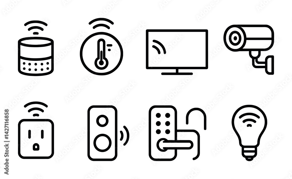 Poster smart home devices icon set – outline style home automation and iot symbols for technology enthusias