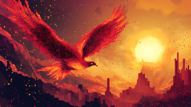In virtual reality, a volcanic landscape serves as the backdrop for a pixelated phoenix that embodies the regenerative potential of stem cell therapy. Pixelated Stem. Illustration