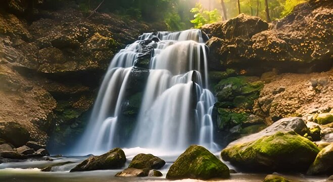 Waterfall water nature river cascade landscape stream forest falls stone rocks seamless looping time lapse virtual video animation background 4K