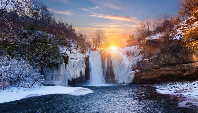 winter waterfall scene at sunset with icy surroundings