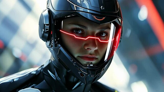 A female sci-fi pilot 3d character model wearing a sleek flight suit with augmented reality gear.