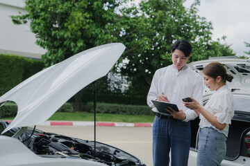 Insurance claim concept, car insurance policy owner talking on the phone with car insurance company...