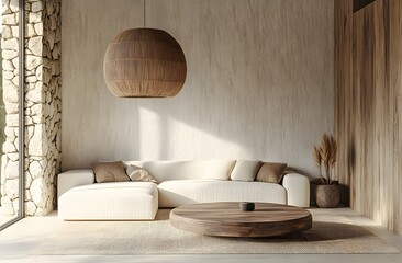 Modern living room with a white sofa, wooden furniture, and natural stone accent wall, creating a serene and organic interior design
