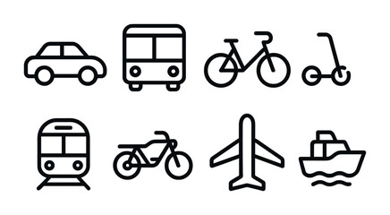 Transportation icon set – outline style for travel and mobility graphics: car, bus, bicycle, scooter, train, motorcycle, airplane, boat