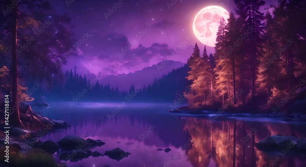 Poster mystical lake under the full moon in an enchanted forest settingseamless looping time lapse virtual 