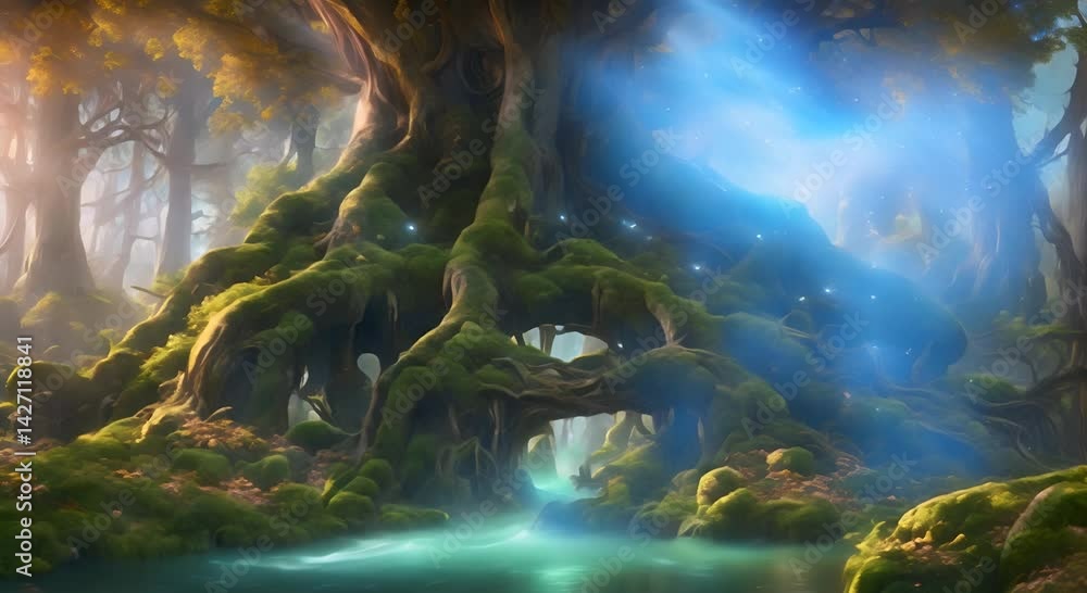 Poster mystical forest retreat immerse yourself in the enchanting embrace of a fantasy forest where ancient