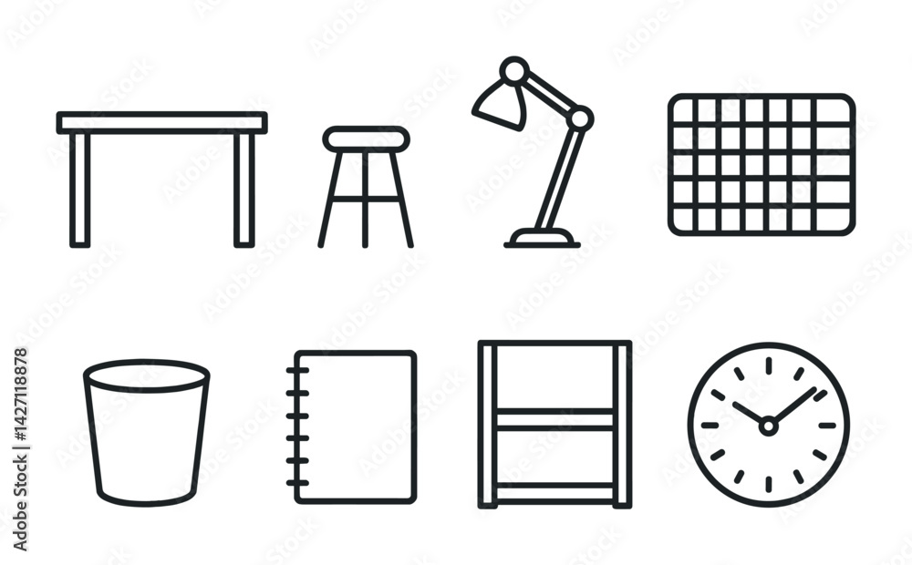 Poster office and workspace outline icon set – minimalist style symbols for productivity, organization, and