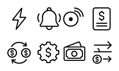Finance and business icon set – outline style economic symbols for budgeting, transactions, and notifications: lightning bolt, bell, cd, invoice, currency exchange, cog, cash, money transfer