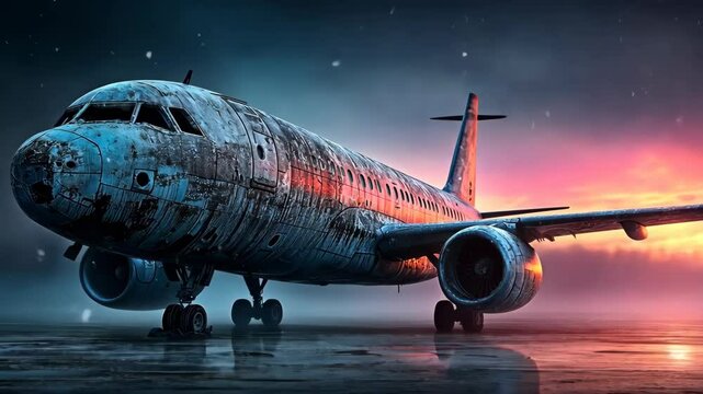 Damaged passenger jet sits on a wet tarmac with an atmospheric sunset backdrop, evoking themes of decay, abandonment, and travel gone wrong.
