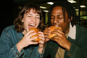Friends enjoying delicious burgers together.