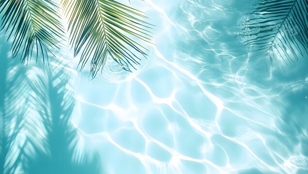 Overhead view of sunlit water with palm fronds framing the scene, evoking summer, relaxation, and tropical vacations in a vibrant, refreshing, and visually appealing composition - Powered by Adobe