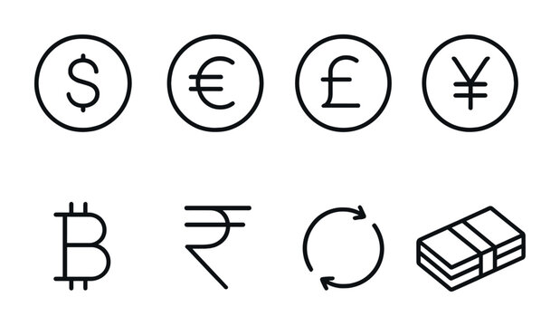 Currency symbols icon set &ndash; outline style financial and monetary icons for business and trade: dollar, euro, pound, yen, bitcoin, rupee, exchange, cash