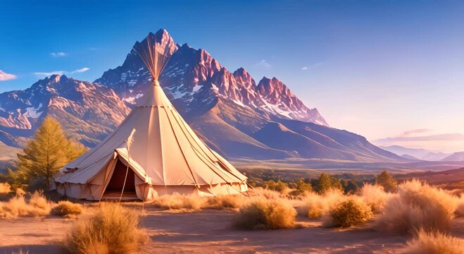 Mountain Majesty Indian Tent in the American Landscape Seamless looping time lapse virtual video animation background 4K
