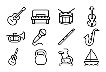 Fototapeta premium Musical instruments icon set - outline style sound and music symbols for playlists, events, and education: guitar, piano, drum, violin, trumpet, microphone, saxophone