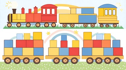 Colorful trains and cargo containers on a playful landscape.