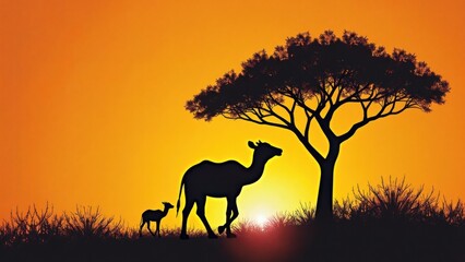 Naklejka premium Giraffes are seen walking in silhouette against a stunning sunset. The large acacia tree adds to the beauty of the scene, creating a tranquil atmosphere.