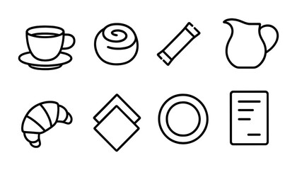Breakfast outline icon set – linear style morning meal symbols for cafes, diners, and home: coffee cup, croissant, plate, napkin, biscuit, menu, jug