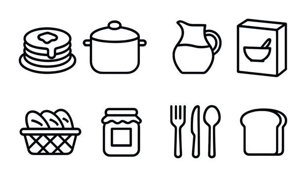 Breakfast and kitchen outline icon set – simple style for morning meals and cooking essentials: pancakes, pot, pitcher, cereal box, bread, jar, cutlery