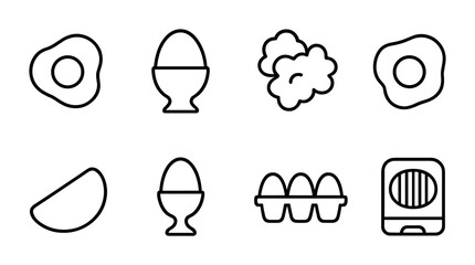 Egg preparation icon set – line style breakfast cooking symbols for culinary design, food art, kitchen tools: fried egg, egg cup, egg carton, omelette, egg slicer, scrambled eggs, poached egg
