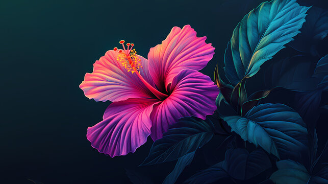 A stunning hibiscus flower blooms in soft neon pink and purple lighting, contrasted by vibrant green foliage. the black-to-teal gradient background enhances its elegance. Neon Flora. Illustration