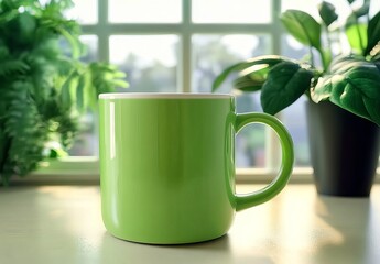 A bright green ceramic mug with a white rim, sitting on the counter of an office cubicle in front of plants and a window, close-up, high resolution, high quality, high detail, hyper-realistic