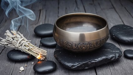 Ancient smudging stick with lit candle, set against stones and incense. Ceremonial scene for meditation or spiritual purification.