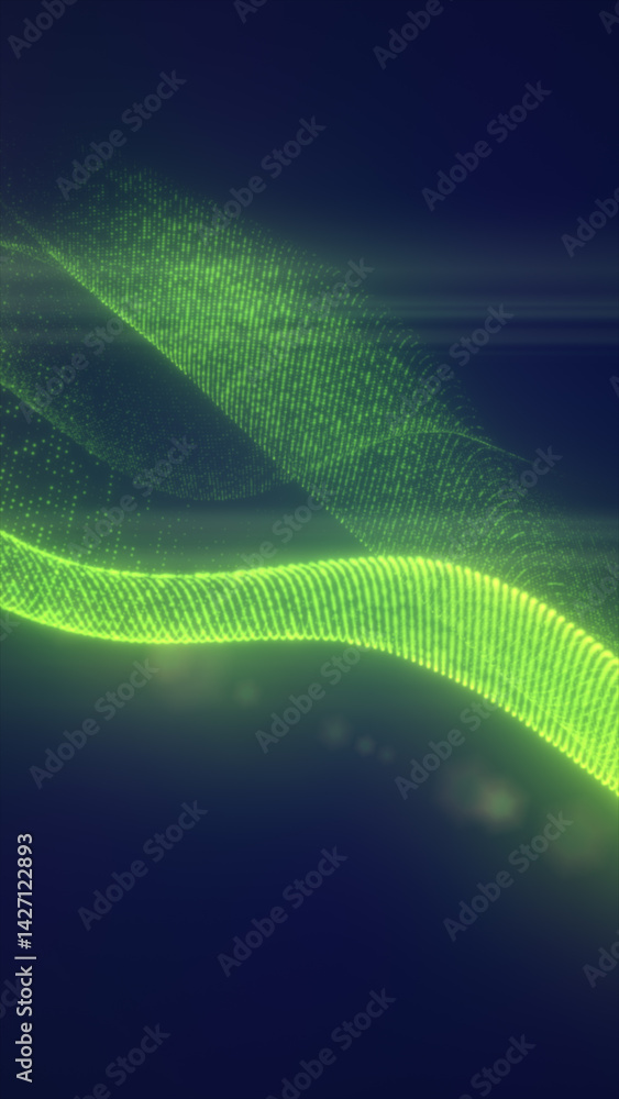 Aufkleber abstract green mesh structure of glowing lines and particles flowing across a dark blue background