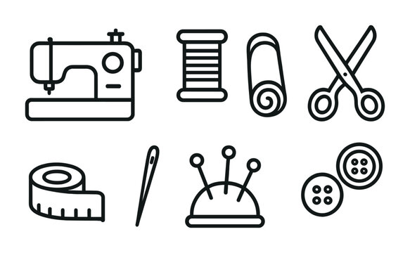 Sewing and tailoring icon set – outline style stitching and haberdashery symbols for fashion design, needlework, and crafting: sewing machine, thread, fabric roll, scissors, measuring tape, needle,