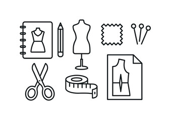 Fashion design icon set – outline style sketching and sewing symbols for tailoring and garment making: dress form, scissors, measuring tape, pattern, pencil, fabric swatch, pins
