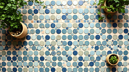 Blue Green Cream Mosaic Tile Plats Flat Lay Mock Up Background, Bohemian Cottage Core Mediterranean Spanish