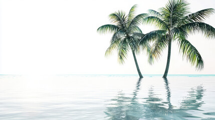 Serene tropical scene featu two palm trees emerging from clear, turquoise water with gentle ripples under a bright, cloudless sky creating a peaceful vista.