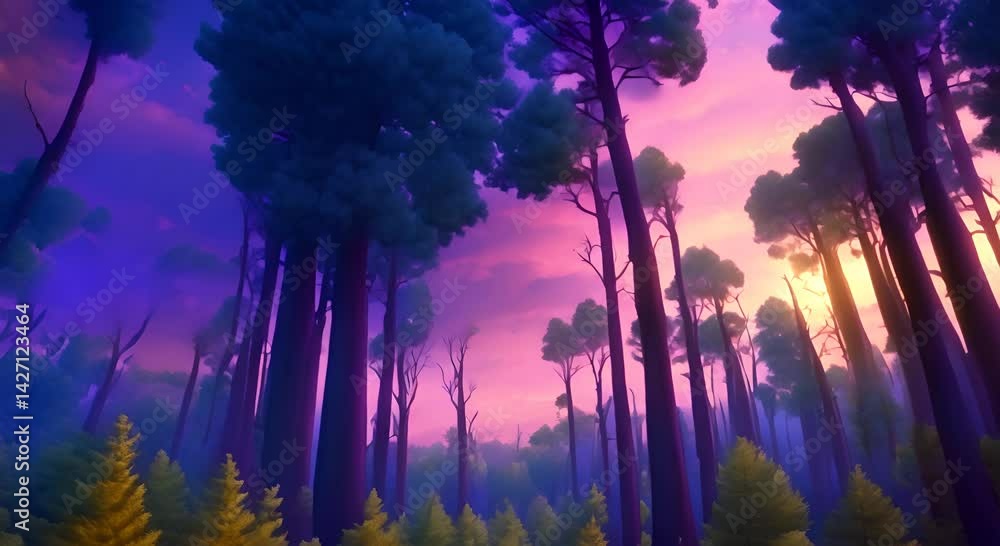 Poster enchanted forest of tall trees with a glowing sky at twilight seamless looping time lapse virtual vi